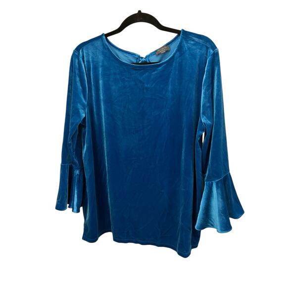 The Limited Tops - The Limited Mykonos Blue Crushed Velvet Blouse Top Bell Sleeve Ribbon Tie NEW